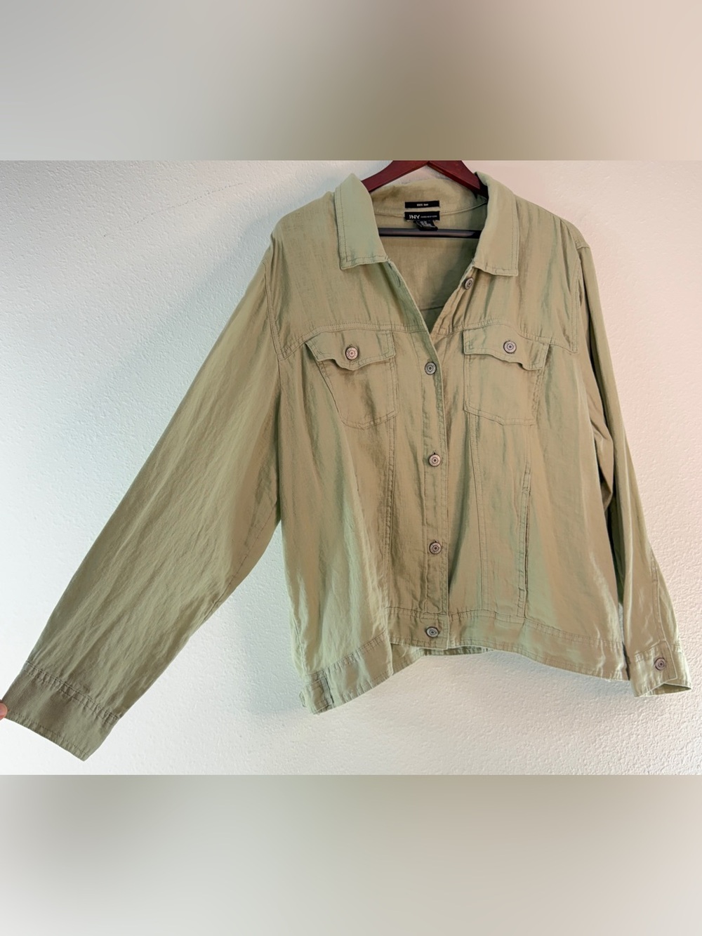 Jones New York 100% Linen Shacket Trucker Jacket 2X Olive Green Cottagecore